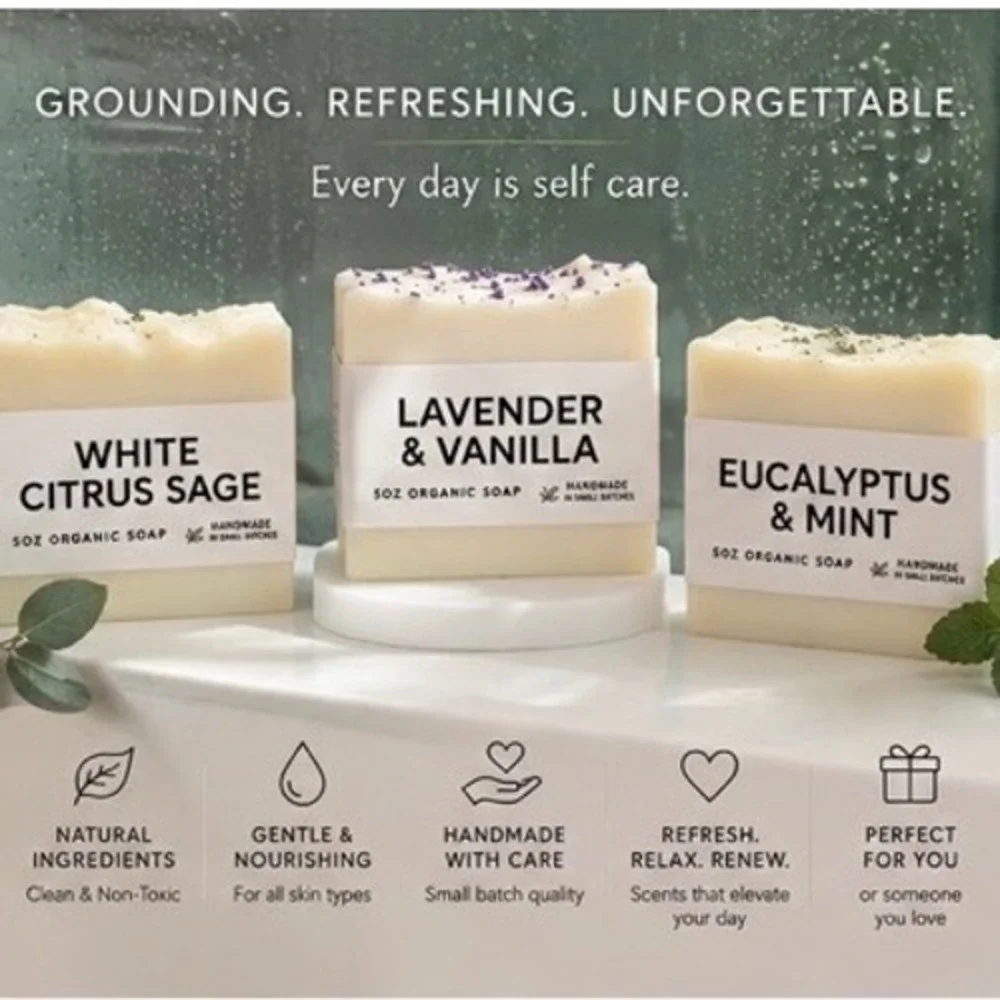 Handmade Organic Soap Set 3‎ Pack Lavender Vanilla White Citrus Eucalyptus Mint